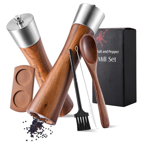 2 Piezas Molinillo Pimienta Manual de Madera, Pimentero Molinillo Especias con Núcleo Ceramica, Molinillo de Pimienta con Base Madera Maciza, Salero y Pimentero para Sal Marina Chiles Sésamo