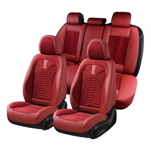 Image of Coverado Car Seat Covers Full Set, Red Seat Covers for Cars 5 Seats, Breathable Fabric& Faux Leather Car Seat Cushions, Front and Rear Car Seat Protectors, Universal Seat Covers Fit for Most Vehicles