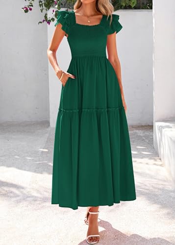 Image of KIRUNDO Smocked Summer Midi Dresses for Women 2026 | Flowy Long Dress, Ruffle Short Sleeve, Square Neck, Pocketed, Sundress for Casual, Church, Wedding Guest, Baby Shower