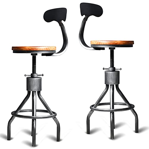Set Of 2 Vintage Bar Stool- Industrial Swivel Kitchen Dining Chair-Counter Height 23-33"-With Backrest #TOP8