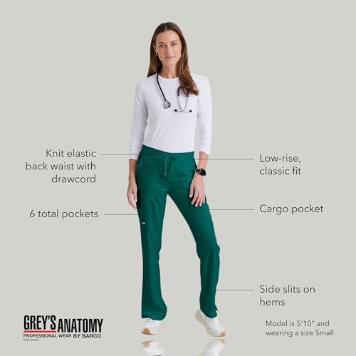 BARCO Grey s Anatomy Classic Mia Scrub Pant for Women Hunter Green, 6-Pocket Low-Rise Straight Leg Bottoms with Natural Stretch, Soil Release Fabric, and Super-Soft Finish XS, Tall Fit