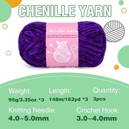 Image of LUNARM Chenille Yarn for Crochet Knitting Chunky Blanket Velvet Yarn | 3 Pack 3.5oz /100g 486 Yard Purple Chenille Yarn for Beginners Knitting Scarves with Big Eye Needles Machine Washable
