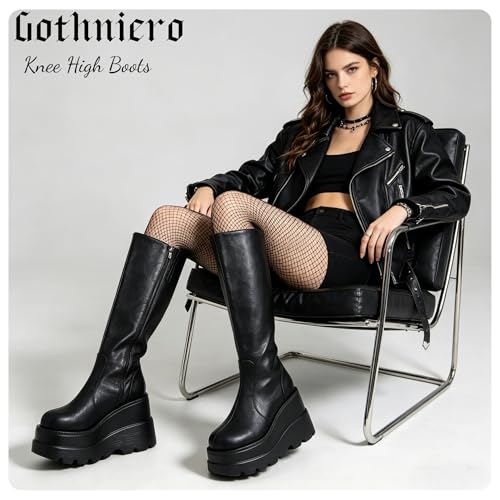 Image of Gothniero High Platform Knee Boots Chunky Heel Wedge Black Boots For Women Combat Goth Punk Motorcycle Booties Zip up With Metal Buckles Size5-11