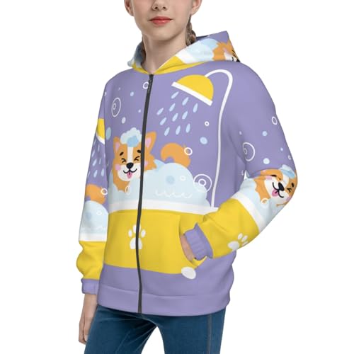 Corgi Washing in Bathtub Kid Hoodies Boys Zip Up Sweatshirts Girls Pullover with Pocket