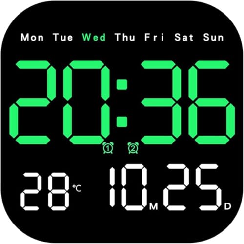 Image of 15-Inch Digital Wall Clock with Large LED Display - Remote Control, Auto-Dimming, Night Light, Date, Day, Temperature, DST Function - Ideal for Living Room, Bedroom (Square 9 inch Green)