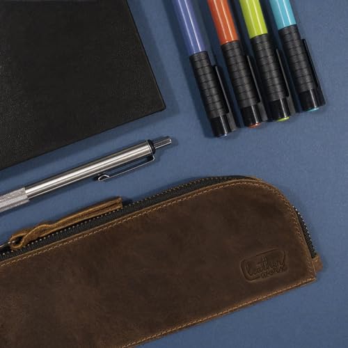 Image of Full Grain Leather Flat Pencil Pouch, Curved Pen and Marker Case for Men and Women, Zippered Bag for Work & Artists Accessories, Bourbon Brown