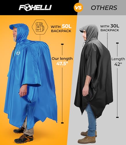 Image of Foxelli Rain Poncho for Adults - Extra Long Reusable Waterproof Raincoat with Hood, Lightweight for Hiking, Camping, Outdoors