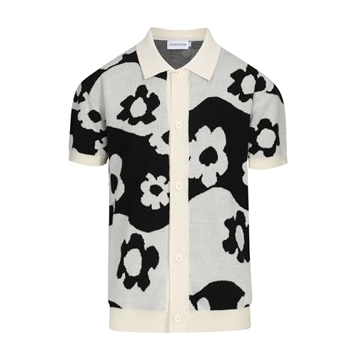 OXKNIT Men's Vintage Knitted Polo Shirt Button Down Black White Polo Short Sleeve Summer Shirt with Flower