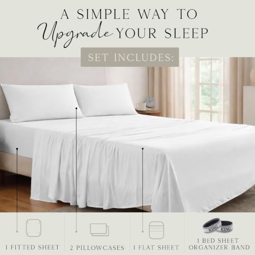 Image of KARISSA MAE Luxury Bamboo Viscose King Size Sheet Set | FSC Certified | Cooling | Ultra Soft | 18 inch Deep Pockets | Elastic Corner Straps | Includes Organizer Band [White]
