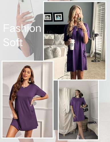 Image of Ekouaer Sleep Shirts for Women Nightgown Short Sleeves T shirt Night Dress Round Neck Womans Nightgown with Pocket S-XXL