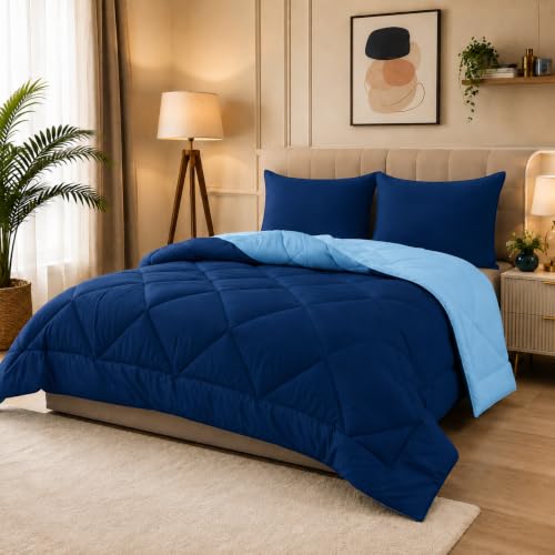 Image of 220 GSM Comforter Single Bed | Microfibre Reversible AC Blanket Duvet Quilt Single Bed for Summer | Comfortable and Super Soft (Navy Blue & Sky Blue)