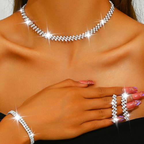 Unicra Rhinestone Bridal Wedding Jewelry Sets Silver Necklace Earrings Bracelet Set Prom Formal Costume Jewelry Set for Women and Brides4