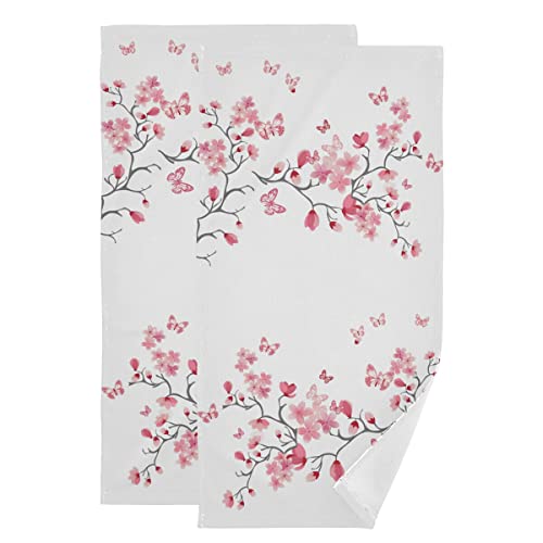 Cherry Blossom Hand Towel Set Of 2 Absorbent Pink Butterfly Floral Bath Towels Soft Cherry Blossoms Flower Fingertip Face Towel For Bathroom Kitchen Hotel Spa Decor Gift 28.3X14.4 Inch #TOP17