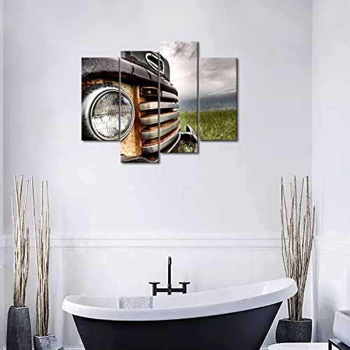 4 Panel Wall Art Old Vintage Truck On The Prairie Painting Pictures Print On Canvas Car The Picture For Home Modern Decoration Piece (Stretched By Wooden Frame,Ready To Hang) #TOP3
