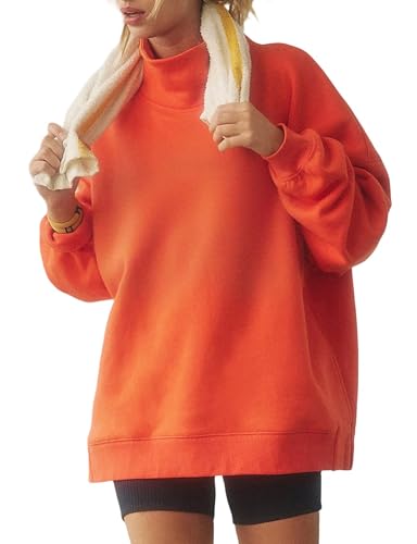 TERIVEEK Womens Mock Neck Sweatshirts Oversized Fleece Turtleneck Long Sleeve Loose Fit Drop Shoulder Pullover Tops Orange