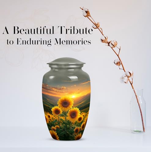 Image of Sunset Sunflower Urn for Ashes - Funeral Urns for Adult Ashes Women - Yellow Sunflower Urn for Human Adult Male and Female - Cremation Urns for Adult Mom and Dad 10inch and 200 Cubic Inches