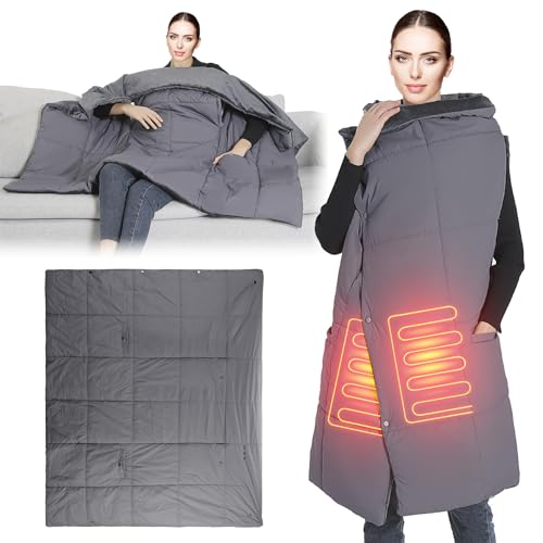 iMounTEK Electric Throw Blanket USB Heated Blanket Electric Heated Poncho Shawl Wrap Throw w/Zipper Arm Holes Pocket 3 Heating Level 6 Zones Dual Switch Machine Washable for Home Outdoor/Grey(Medium)