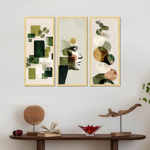 Image of PAINTINGMANTRA Abstract Botanical & Face Framed Wall Art Set of 3 | Modern Boho Green Tone Wall Decor |Engineered Wood Frame Art for Living Room, Bedroom & Office, 8.9x18.9 Inch