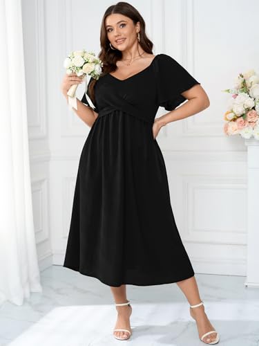 Image of SCOMCHIC Women Plus Size Midi Dresses Short Sleeve V Neck Twist Front Summer Wedding Guest Smocked Flowy A Line Dress