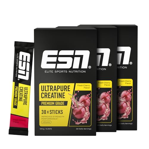ESN Ultrapure Creatine Monohydrate Sticks, 3 x 30 Sticks, 90 Portionen, Fresh Cherry, Creatin Pulver, mikrofein & perfekt löslich, vegan - made in Germany