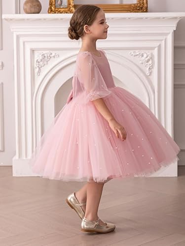 Pearls Tulle Flower Girl Dress for Wedding Bow Knot Satin Half Sleeve Short V-Back Crew Neck Party Prom Tutu Dress3