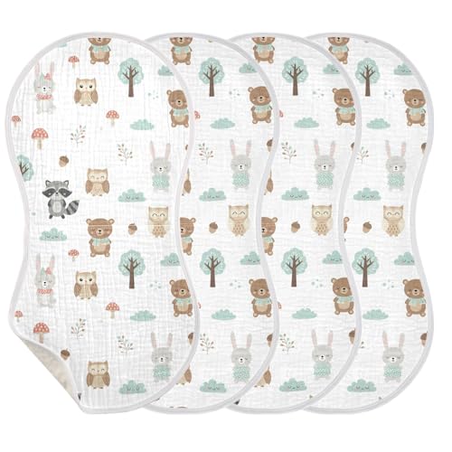 J JOYSAY Raccoon Owl Mushrrom White Baby Burp Cloths for Boys Girls Large 22''x11'' Cotton 4 Layer Burp Rags for Baby Spit Up one sizex4
