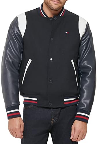 Tommy Hilfiger Men's Mixed Media Varsity Bomber Jacket, Navy, Medium