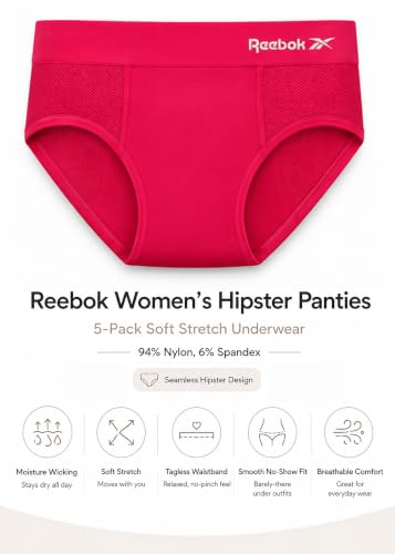 Image of Reebok Womens Hipster Panties 5 Pack Soft Stretch Underwear for Women | Moisture wicking hipster briefs with a tagless relaxed waistband Soft stretch fabric with a smooth, barely-there fit all day.