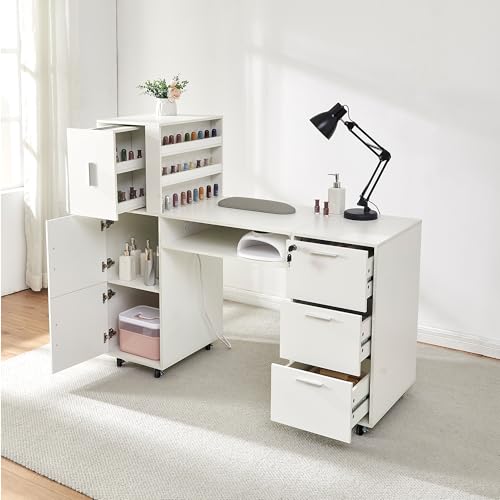 DUDUSHIMAN Manicure Table Nail Desk for Nail tech 56 Inch Beauty Nail Table w/3 Cabinet+3 Drawers+3 Layers Open Cabinet+1 Open Drawer + 1 Power Outlet for Professional Salon Manicure Workstation