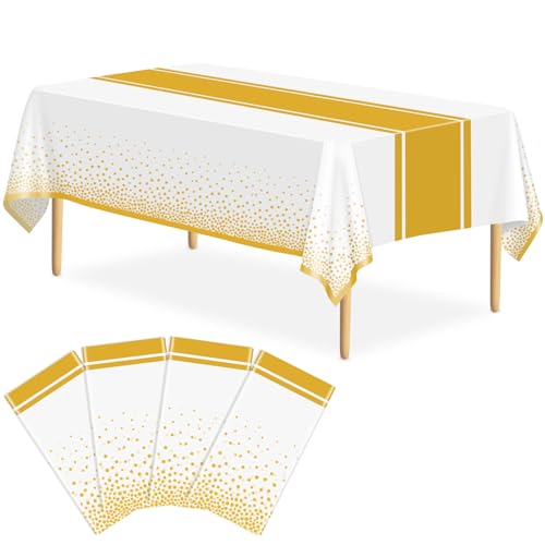 Image of 4 Pack White and Gold Tablecloth Party Decorations Plastic White Tablecloth Printed Gold Table Runner 54 x108 Inch Disposable Rectangle Table Cover for Birthday Wedding Graduation Anniversary