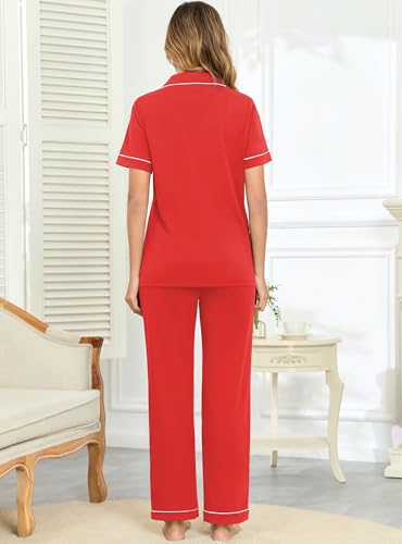 Image of Veseacky 100% Cotton Pajamas for Women Set Short Sleeve Button Down Sleepwear Soft 2 Piece Summer Pjs Lounge Sets S-XXL