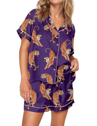Image of SHESHOW Satin Pajamas for Women Set Preppy Animals Pjs Short Sleeve Shorts 2 Piece Loungewear Sets XS-XXL