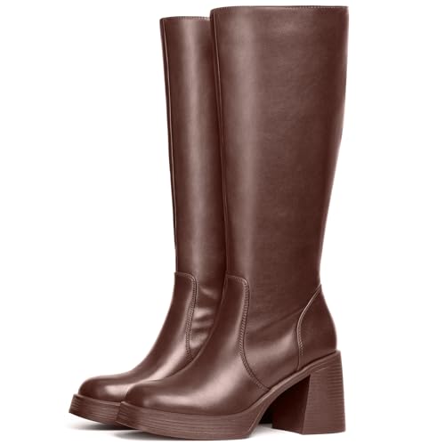 Image of Choiran Knee High Boots for Women - Platform Chunky Square Toe Tall Boots with Block Heeled Side Zipper, Fashion Long Gogo Boots for Spring Fall