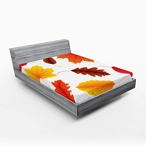 Ambesonne BS_66240_QUEEN Leaves Fitted Sheet, Autumn Foliage Pattern With Maple Leaves Woodland Flora Illustration In Warm Tones, Soft Decorative Fabric Bedding All-Round Elastic Pocket cover