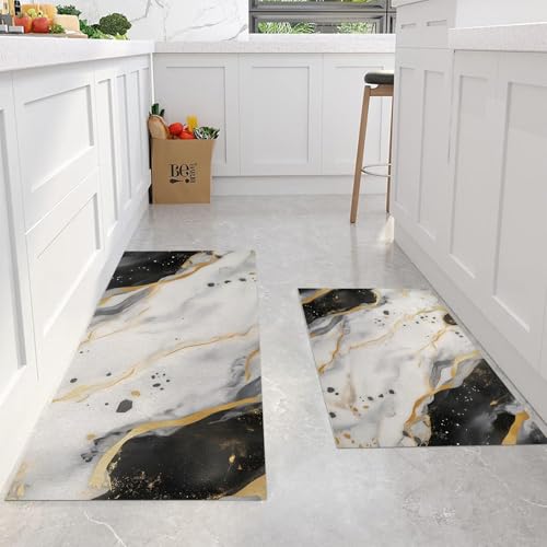 Tapis de cuisine en marbre noir et gris chic avec lignes dorées luxueuses 2 pièces