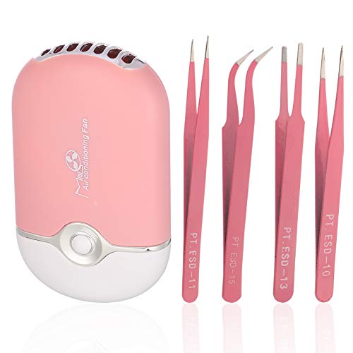 Hippie Soul USB Air Conditioning Blower Handheld Pink Air Conditioning Fan Rechargeable Eyelashes Dryer Fan Mini Portable Fans with 4 Pieces Straight Makeup Mirror for Eyelash Extension