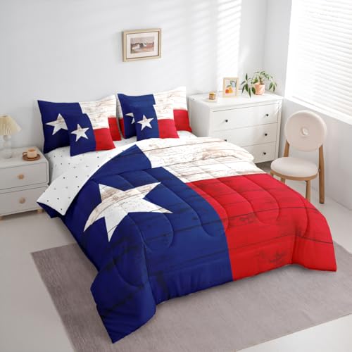 Image of Western Texas Star Comforter Set 7 Piece Bed in a Bag Twin | Vintage American Flag Bedding Sets Cowboys Gifts White Red and Blue Comforter and Sheet Set,Grunge United States Flag Farmhouse Bed Sets