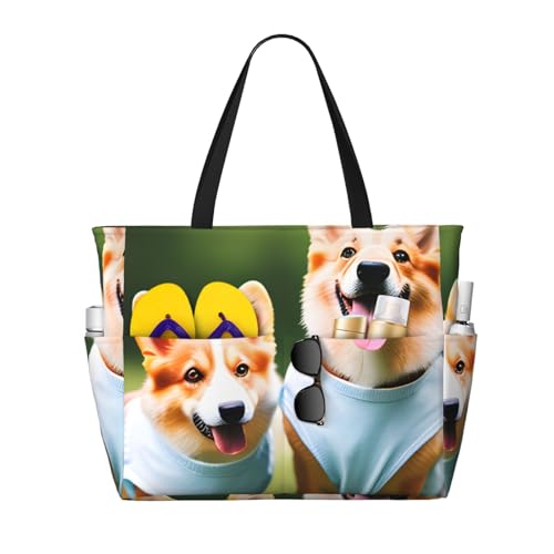 Wearing Clothes Corgi Dogs Print Large Gym Tote Carry On Bag With Wet Compartment For Travel