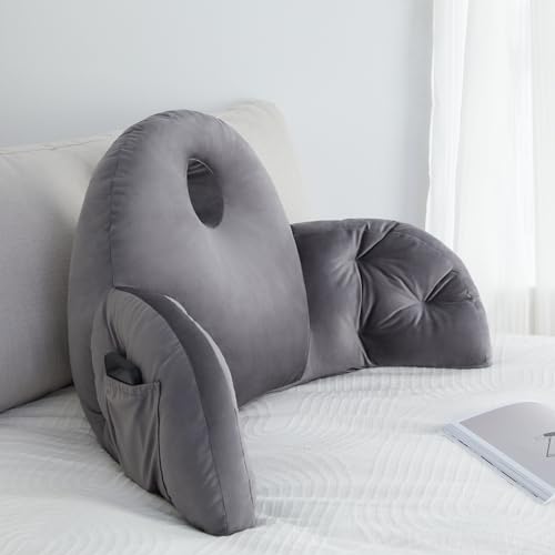 anfutek Reading Pillow for Bed Adult with Storage – Backrest Pillow and Back Pillow for Bed Sitting Up, Ergonomic Reading Pillow with Arms for Support and Comfort,Gray