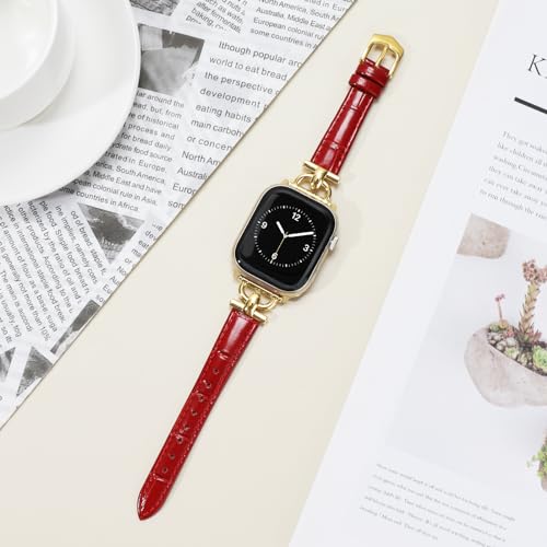 Image of Leather Band Compatible with Apple Watch Bands for Women, Dressy Fancy Strap for iWatch Series 11 /10 /9 /8 /7 /6 /5 /4 /3 /2 /1 /se /Ultra /Ultra 2(49mm 46mm 45mm 44mm 42mm,Red /Gold)