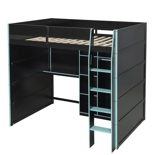 Image of Harper & Bright Designs Modern Full Size Gaming Wood Loft Bed with Desk and Open Wardrobe, Wood Loft Bed Frame with Storage Compartments and RGB Lights, for Kids Teens Adults Bedroom Use (Blue)