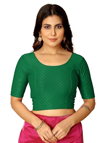 Image of Amazon Brand - Anarva Round Neck Dobby Cotton Lycra Stretchable Elbow Half Sleeve Readymade Saree Blouse for Women Stylish