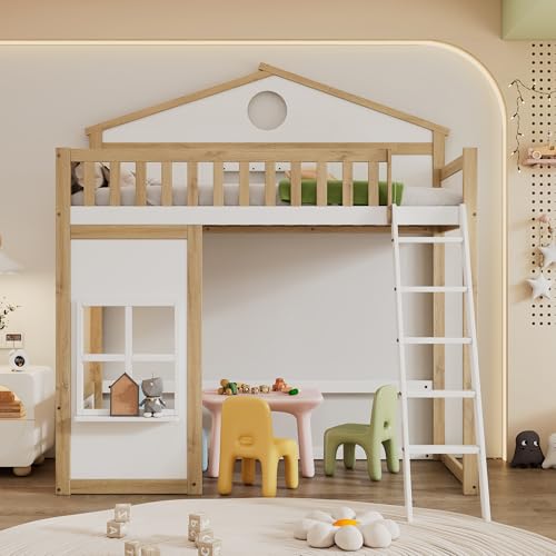 Litera 90x200 cmBlanca y Madera Natural con Techo y Ventanas para Apartamento y Casa de Vacaciones Base de Cama Elevada Estructura de Cama Tipo Loft Mueble de Dormitorio
