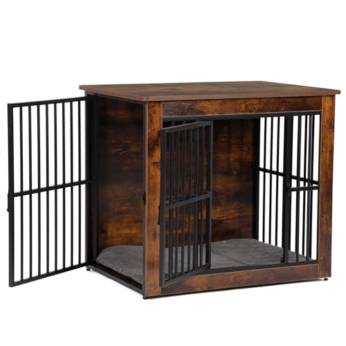 Luxstein Holz Hundekäfig, Hundebox mit Doppeltüren und weicher Matte, stilvolles Indoor Hundemöbel als Beistelltisch, 80,5x59x71,5 cm, Braun