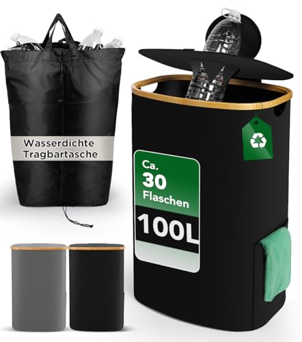 SOUTHGATE Pfandflaschen Sammelbehälter mit Deckel, Pfandbehälter [inkl. XXL Tragetasche], Leergut & Altglas Aufbewahrung mit Loch, Flaschensammler für Küche & Abstellraum, 100L, Schwarz