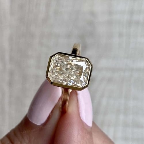Emerald Cut Moissanite Bridal Wedding Enagement Ring 14K Yellow Gold Simulated Diamond Bezel Setting Solitaire Ring Mother's Day Gift Jewelry4
