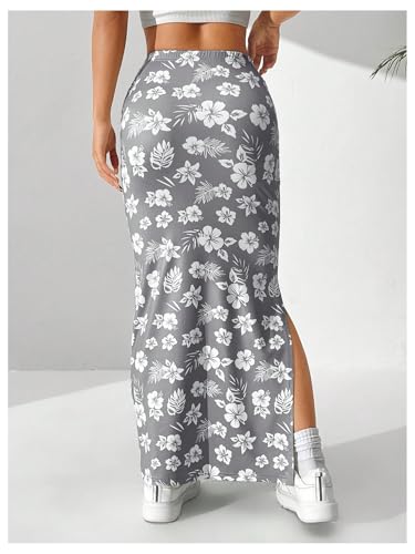 OYOANGLE Women's Floral Print Split Side Skirt Elastic Waist Beach Casual Long Skirts2
