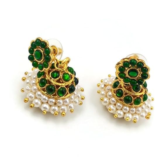 Traditional Kemp Temple Indian Jewelry Earrings,Bharatanatyam, Kuchipudi, Engagement, Weddings, Parties Classical Dance Jewelry Colorful And Designer Jhumka.Green Colour (KB:00141)-image-44