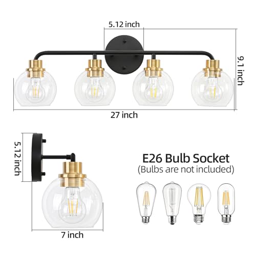Image of 4 Light Bathroom Vanity Light, Black and Gold Bathroom Light Fixtures | with Clear Glass Shade Modern Wall Sconces Lighting Bath Wall Lights Lamp for Mirror Kitchen Living Room Bedroom Hallway