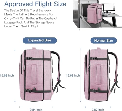 Image of Carry On Backpack, 40-50L Travel Backpack for Men & Women, Expandable Backpack For Airplanes, 17 Inch Laptop Backpack, Luggage Suitcase 40L Daypack Lightweight Business Weekender Bag, Light Pink